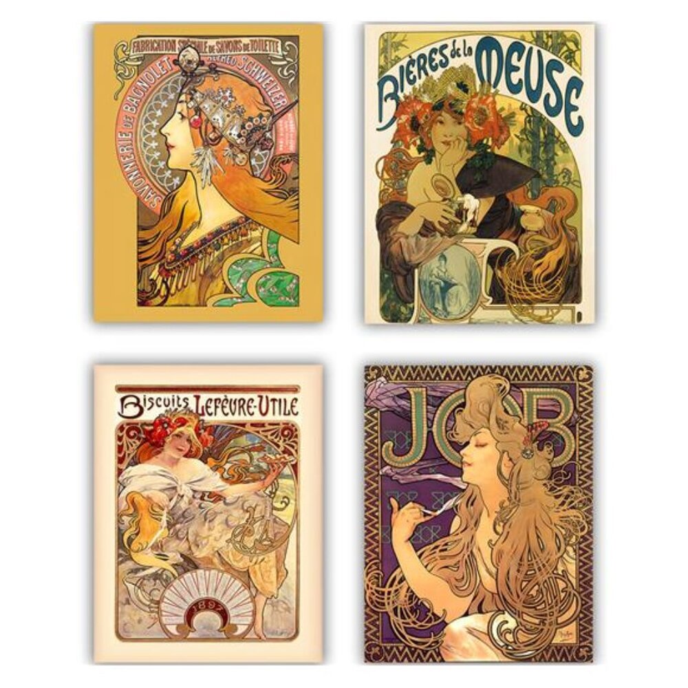 Alphonse Mucha Art Nouveau Poster Prints Set 4 Unframed Wall Art 8x10 | 8.5x11